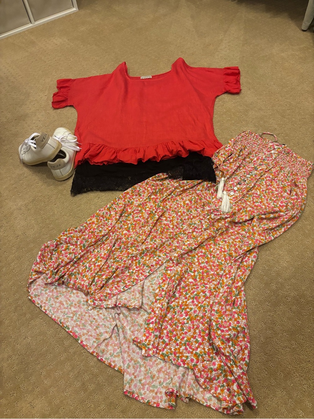 Terzo Millennio Top Womens S 100% Cotton Coral Red Ruffle Boho Made in Italy